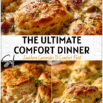 Golden Chicken And Biscuits casserole baked in a rustic dish with creamy Country Chicken filling.